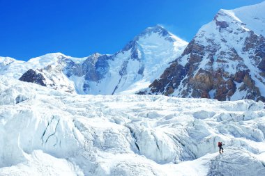 Dağcı Everest 'in zirvesine ulaşır. Dağ zirvesi Everest. Dünyanın en yüksek dağı. Ulusal Park, Nepal