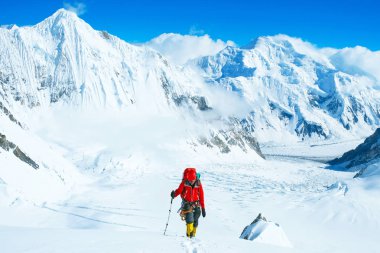 Dağcı Everest 'in zirvesine ulaşır. Dağ zirvesi Everest. Dünyanın en yüksek dağı. Ulusal Park, Nepal