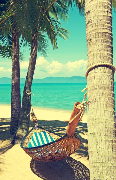 Krásná pláž. Houpací síť mezi dvěma palmami na pláži. Koncept dovolené a dovolené. Tropická pláž. Krásný tropický ostrov. — Stock fotografie