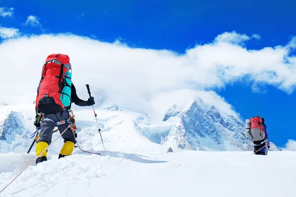 Een groep klimmers met rugzakken bereikt de top van de bergtop. Succes, vrijheid en geluk, prestatie in de bergen. Actief sportconcept. — Stockfoto