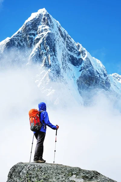 Vandrare med ryggsäckar når toppen av bergstopp. Framgång frihet och lycka prestation i bergen. Aktiv sport koncept. — Stockfoto