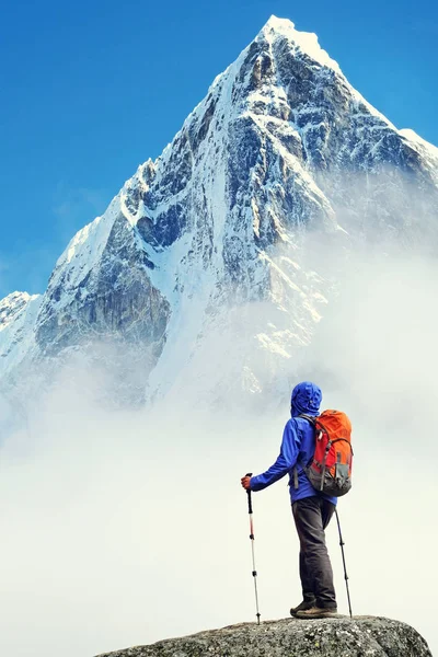 Caminhante com mochilas atinge o cume do pico da montanha. Sucesso, liberdade e felicidade, realização nas montanhas. Conceito de desporto ativo. Fotografia De Stock