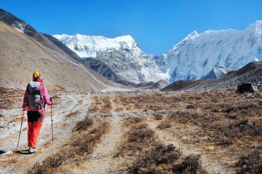 Dağlarda yürüyen mutlu genç kadın/erkek yürüyüşçü, özgürlük ve mutluluk, dağlarda başarı. Himalayalar, Everest Ana Kampı trek, Nepal