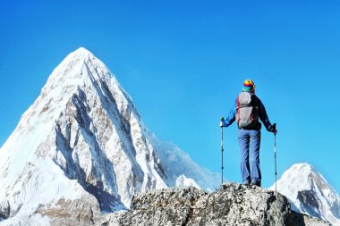 Uzun yürüyüşe çıkan kimse sırt çantaları ile dağ tepe zirvesine ulaşır. Başarı başarı dağlarda özgürlük ve mutluluk. Aktif spor kavramı.