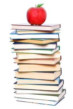 okul ve eğitim. kitap kule üzerinde beyaz izole apple ile