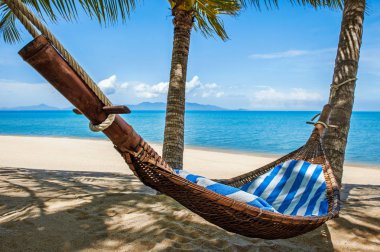 Güzel sahil. Sahildeki iki palmiye ağacının arasındaki hamak. Tatil ve tatil kavramı