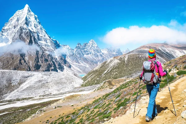 Klimmer met rugzakken bereikt de top van de bergtop. Succes, vrijheid en geluk, prestatie in de bergen. Actief sportconcept. — Stockfoto