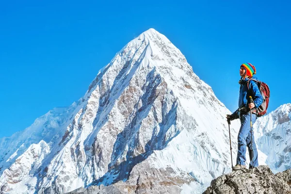 バックパックを持つハイカーは山のピークの頂上に達します。成功、自由と幸福、山の中で達成。アクティブスポーツコンセプト. — ストック写真