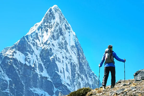 Caminhante com mochilas atinge o cume do pico da montanha. Sucesso, liberdade e felicidade, realização nas montanhas. Conceito de desporto ativo. — Fotografia de Stock