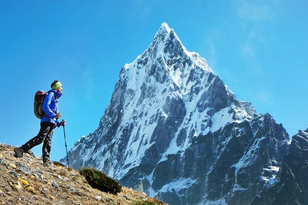 Ευτυχισμένος άνθρωπος ταξιδιώτης με σακίδιο πεζοπορίας στα Ιμαλάια με ορεινό φόντο Έβερεστ. ιδέα για τον αθλητισμό του ορειβασίας — Φωτογραφία Αρχείου