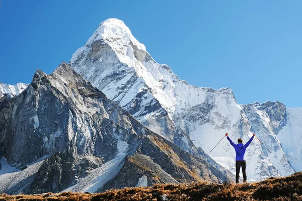 Πεζοπόρος με Σακίδια φτάνει η σύνοδος κορυφής της βουνοκορφής. Ελευθερία και ευτυχία επίτευξη της επιτυχίας στα βουνά. Ενεργό αθλητισμό έννοια. — Φωτογραφία Αρχείου