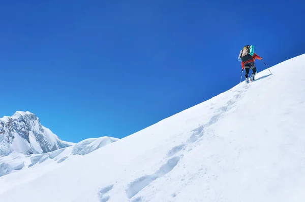 登山者は 風景を楽しんで山頂に到達します 自由と幸福 山での達成 クライミングスポーツコンセプト — ストック写真