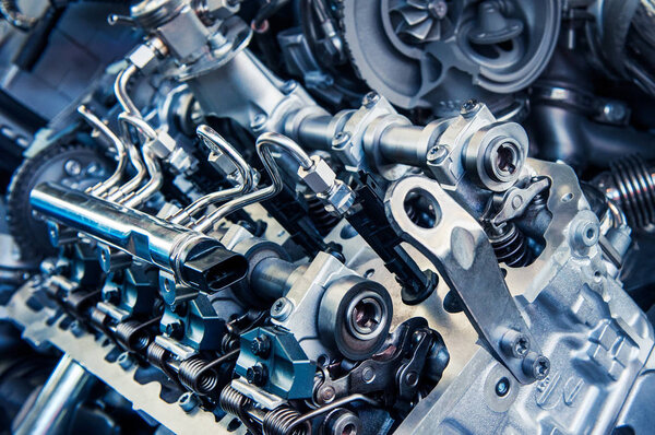 Close up shot of car engine. Automobile accessories concept. Internal design of engine.