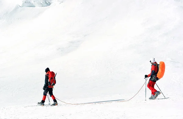 Caminhantes com mochilas chegam ao cume do pico da montanha. Liberdade de sucesso e realização felicidade nas montanhas. Conceito de desporto ativo . — Fotografia de Stock