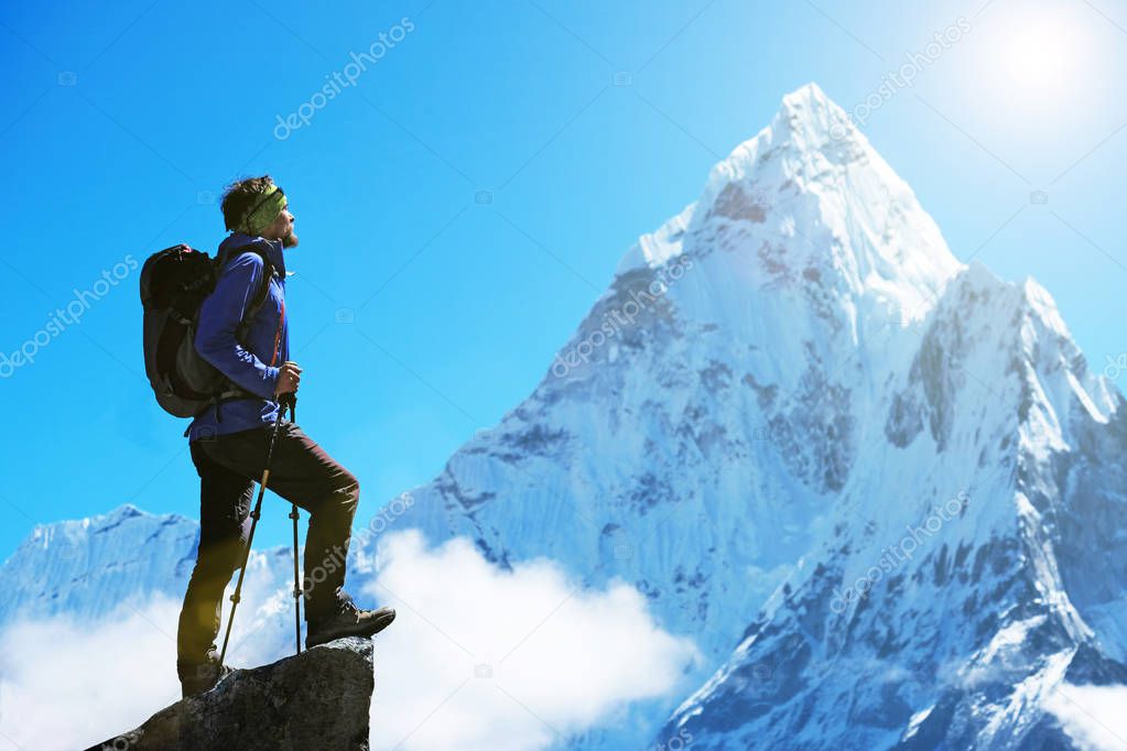 Climber reaches the summit of Everest. Mountain peak Everest. Highest mountain in the world. National Park, Nepal