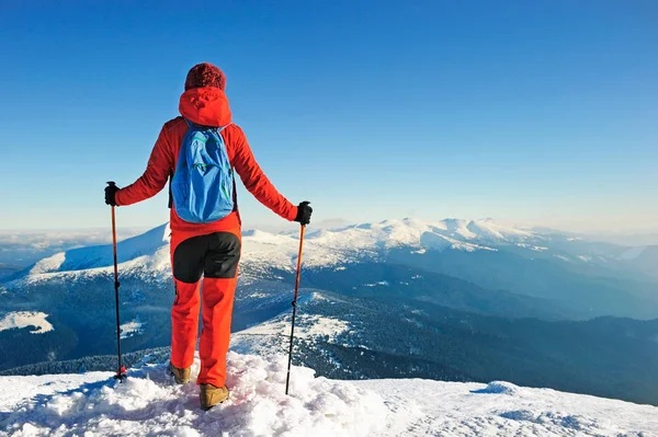 Senderista con mochilas alcanza la cima del pico de la montaña. El éxito la libertad y el logro de la felicidad en las montañas. Concepto de deporte activo . — Foto de Stock