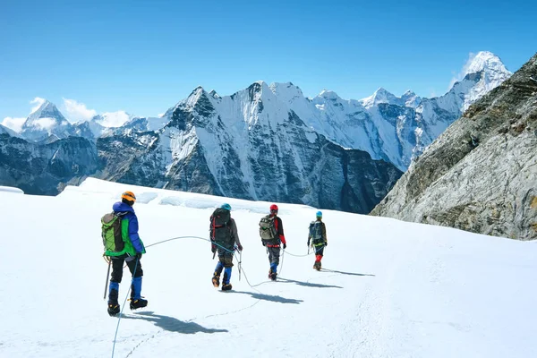 Gruppe von Bergsteigern erreicht den Gipfel des Berges und genießt die Aussicht auf die Landschaft. Erfolg, Freiheit und Glück, Erfolg in den Bergen. Klettersportkonzept. — Stockfoto