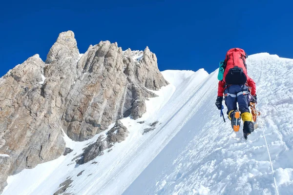 Horolezec dosahuje vrcholu horského vrcholu, který se těší pohledu na krajinu. — Stock fotografie