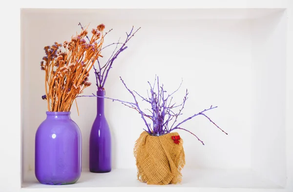 Decoración de arte diseño marrón violeta, plantas secas en botellas de colores y frascos — Foto de Stock