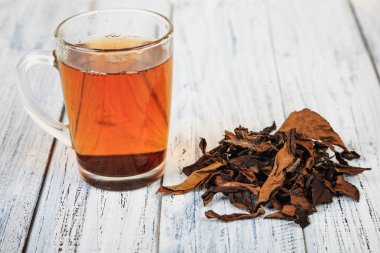 Fincan siyah çay ve çay yaprakları