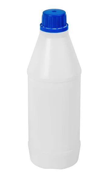 Bottiglia industriale di plastica bianca con tappo blu e posto per il testo — Foto Stock