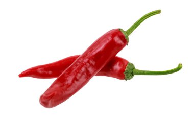 beyaz arka plan yatay oryantasyon, baharatlı gıda kavramı izole iki kırmızı acı biber veya jalapeno