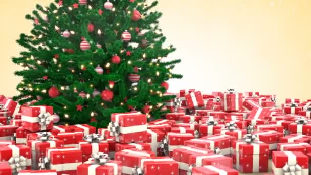 Albero Natale Decorato Scatole Regalo Con Fiocchi Neve Cadenti — Video Stock