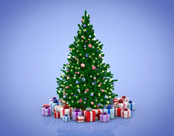 Geschmückter Weihnachtsbaum Und Geschenkschachteln Auf Blauem Hintergrund — Stockfoto