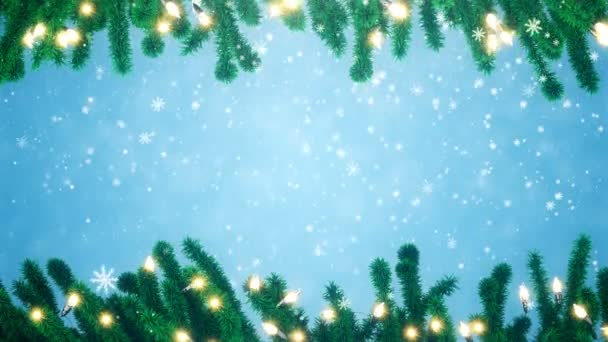 装饰的树枝圣诞树与花环灯泡和飘落的雪花 — 图库视频影像