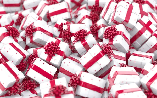 Bolas Navidad Cajas Regalo Con Lazos Cinta Roja — Foto de Stock