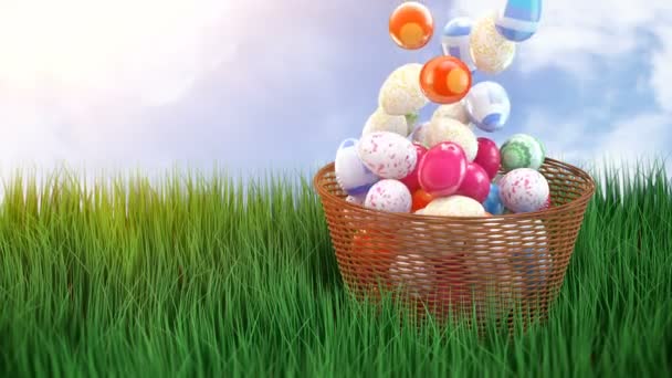 Falling Easter Eggs Wicker Basket Lawn Grass Green — Stock Video