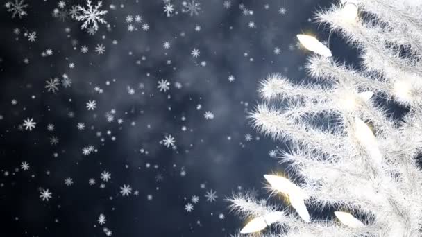 Yeni Yıl Ağacıyla Süslenmiş Mavi Arka Planda Düşen Kar Taneleri — Stok video