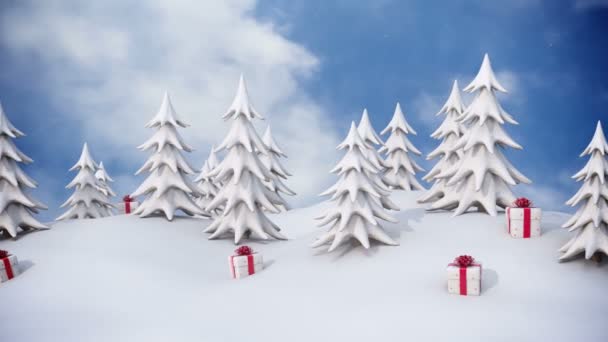 Vinterbakgrund Snöiga Tallar Och Julklappslådor Med Fallande Snö — Stockvideo