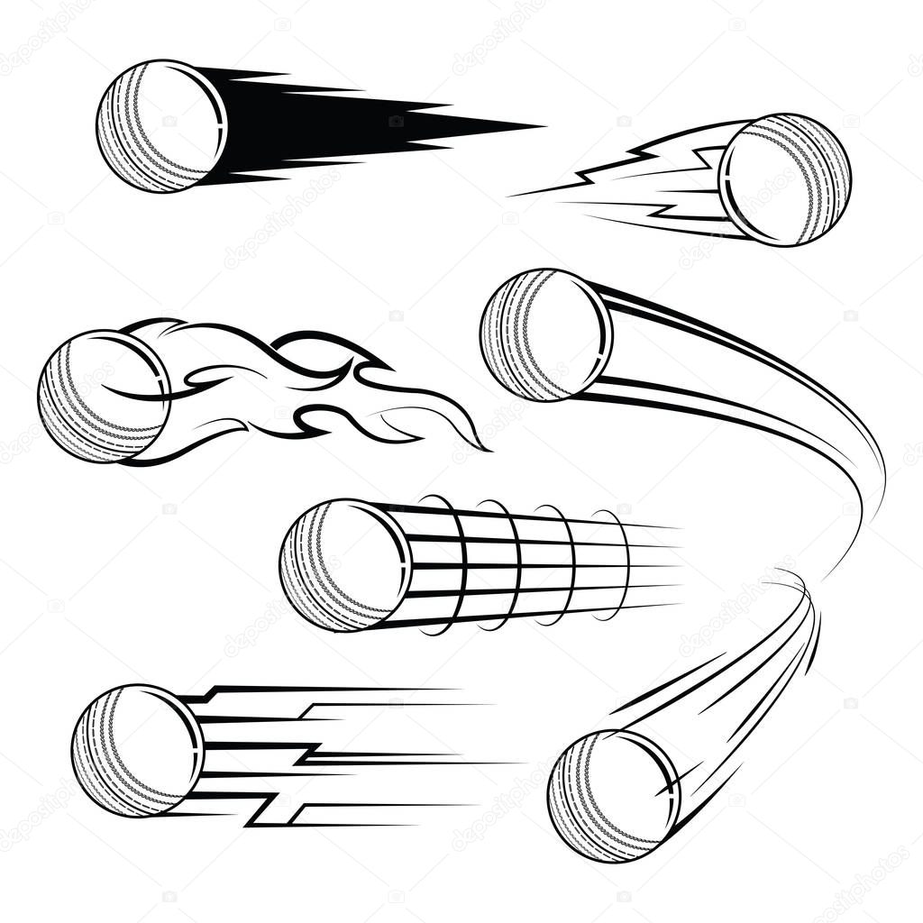black and white flying cricket balls with motion trails. speed object vector illustration.
