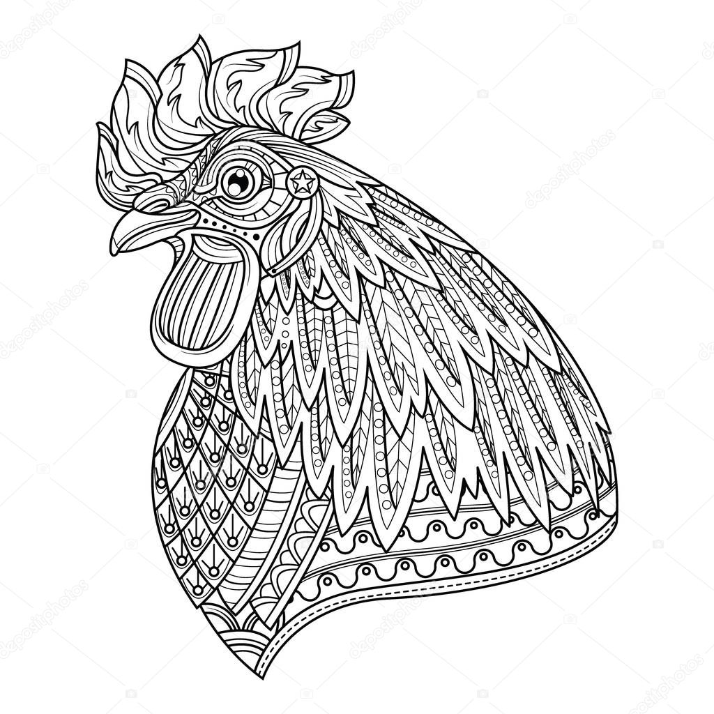 Rooster head. Adult anti stress coloring page. Black and white hand drawn doodle for coloring book