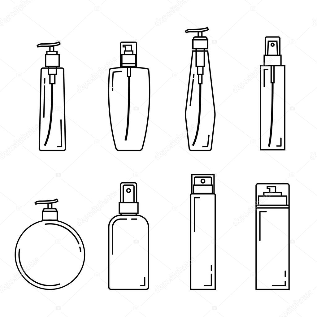 Cosmetics package icon set with white background. Thin Line Style stock vector.