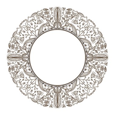 Doodle Arılar çiçek ve yaprakları yuvarlak vektör çerçeve çizilmiş stil ver. Kahverengi ve beyaz dekoratif kenarlık.