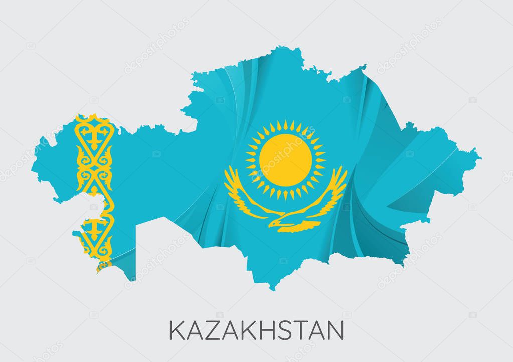 Map Of Kazakhstan With Flag As Texture Isolated On Grey Background. Vector Illustration
