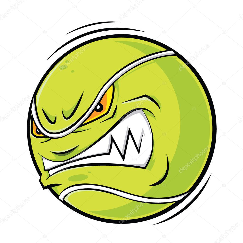 Tennis ball with angry face, cartoon vector illustration.