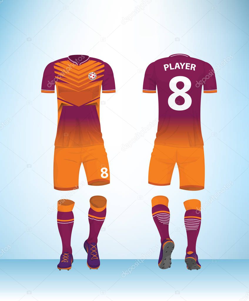 Soccer jersey or football t-shirt mock up. Front and back view pink orange uniform. Vector Illustration.