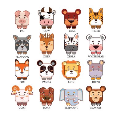 Sevimli çizgi hayvanlar kafa. domuz, inek, ayı, kaplan, rakun, geyik, zebra, fox, panda, beyaz panda, aslan, su aygırı