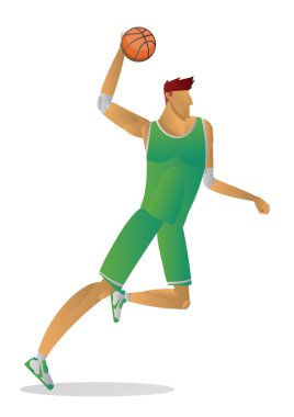 yeşil topu ile tek tip basketbolcu. Beyaz arka plan üzerinde vektör çizim. Spor kavramı.