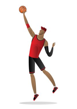 kırmızı siyah topu ile üniforma giyen basketbolcu. Beyaz arka plan üzerinde vektör çizim. Spor kavramı.