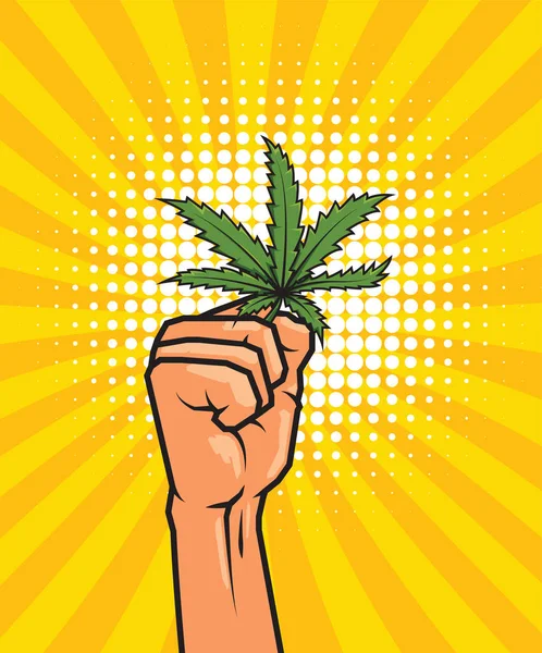 Puño Alto Asimiento Hoja Cannabis Diseño Estilo Pop Art Ilustración — Vector de stock