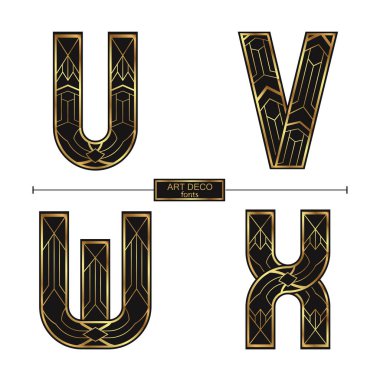 Vektör grafik alfabesinde bir set U, V, W, X, Art Deco altın renk stili ile