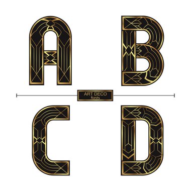 Vector graphic alphabet in a set A,B.C,D, with Art Deco golden color style clipart
