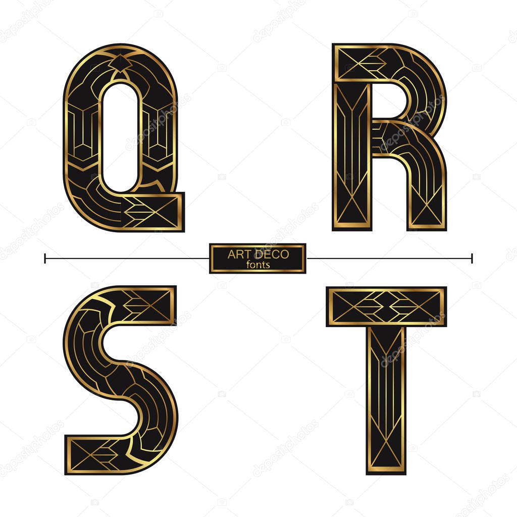 Vector graphic alphabet in a set Q,R,S,T, with Art Deco golden color style