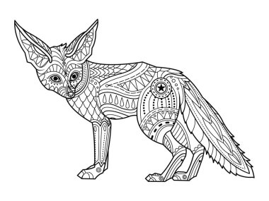 Fox boyama sayfası. Dövme, Yetişkin boyama kitabı için çizilmiş süs sanat el poster olarak yazdırma. Vektör çizim. 