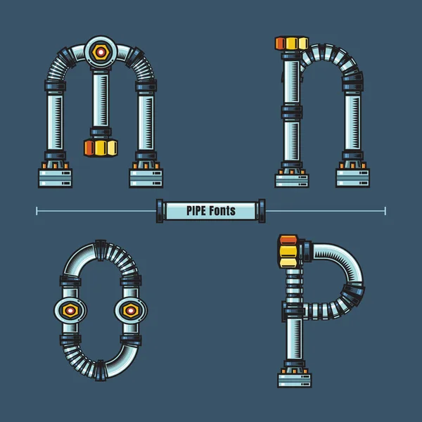 Алфавит Стиль металлических труб в наборе шрифтов MNOP комический вектор — стоковый вектор