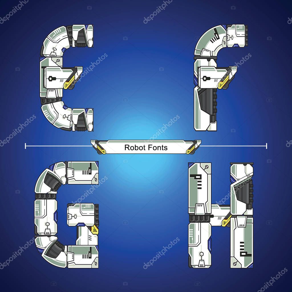 Vector graphic alphabet in a set E,F,G,H, with Abstract Robot white set style futuristic technology and modern. Typography design for posters, logos, cover, etc.